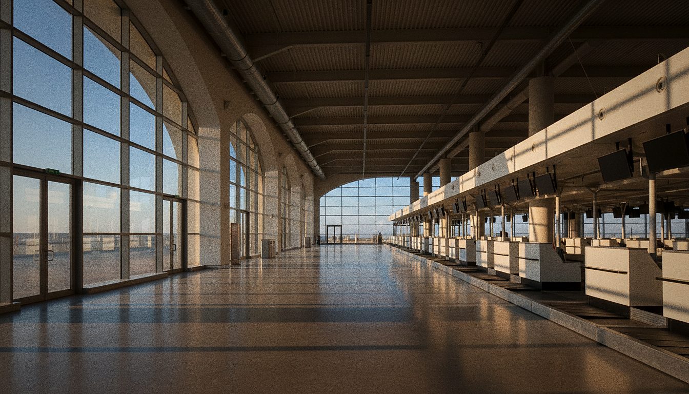 Abflughalle mit Check-in-Schaltern in Terminal 2 des Flughafens Thessaloniki