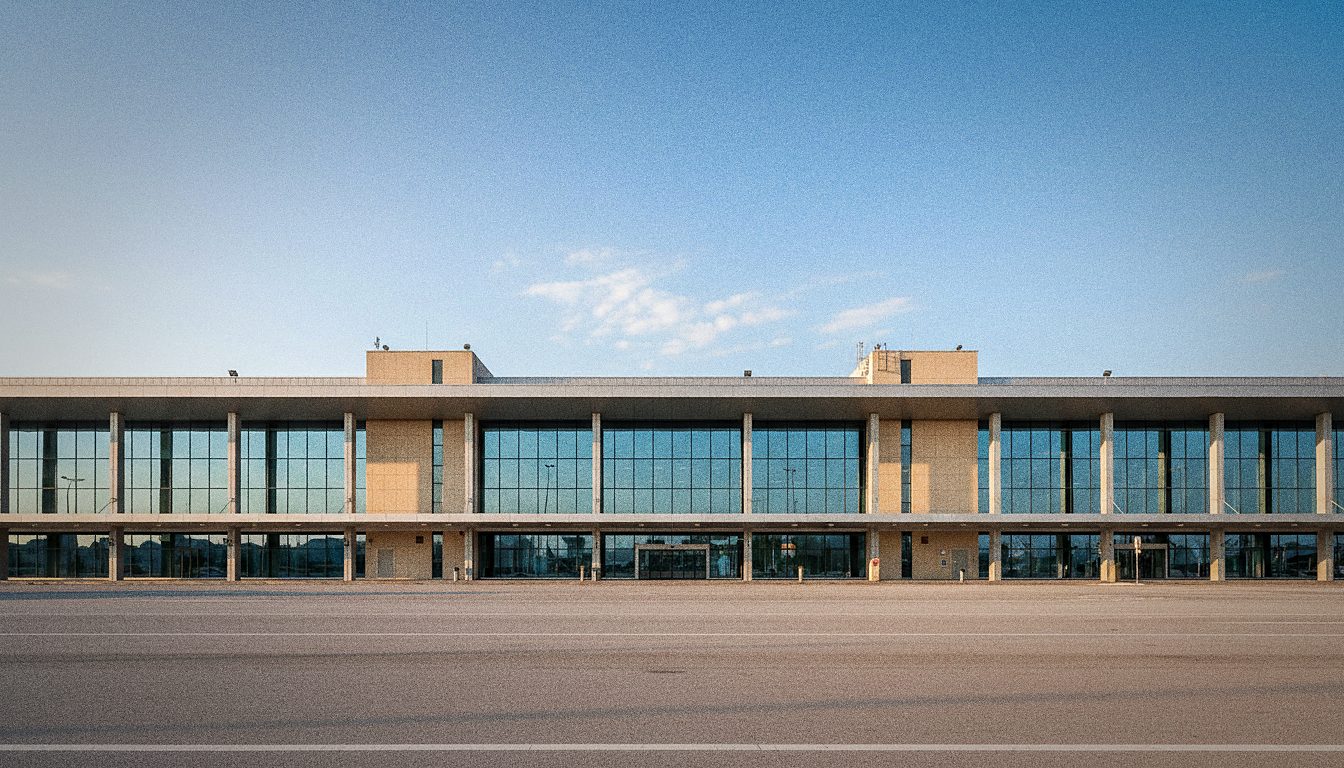 Fassade von Terminal 2 des Flughafens Thessaloniki am Tag