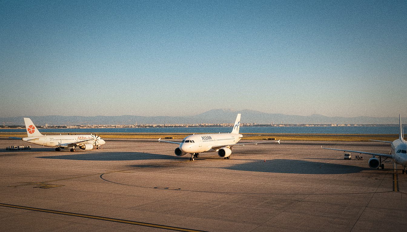 Vorfeld des Flughafens Thessaloniki mit parkenden Flugzeugen am Thermaischen Golf
